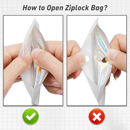 Funfery 100 Pack Gradient Holographic Bags,Resealable Bags with Zipper,Clear Window Packaging Pouchs,Foil Bag for Food Storage,Small Business,Sample Jewelry Bag(3.1×5.1In,White Black)