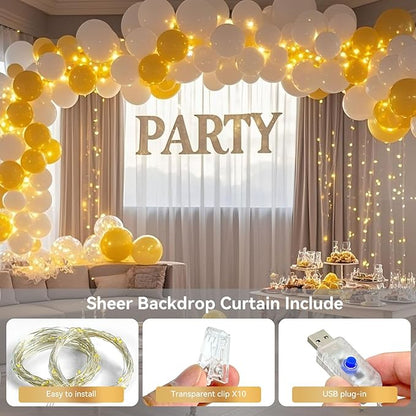 10×10ft Tulle Backdrop Curtains with Lights String - 300LED Fairy Lights Sheer Curtain Backdrop for Weddings Baby Shower and Birthday Party Decorations(4 Panels 5×10ft)
