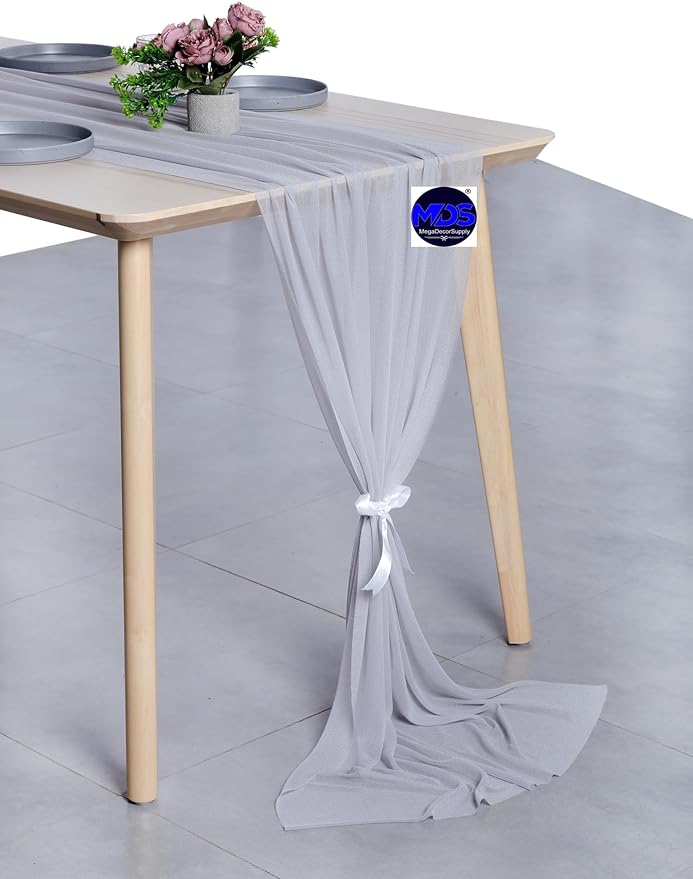MDS 10 Pack 10ft Chiffon Table Runner 29 x 120 Inches Sheer Wedding Runner Romantic Rustic Table Runner for Wedding Decorations, Birthday Parties, Bridal Shower Party Arch Decor - Cool Gray