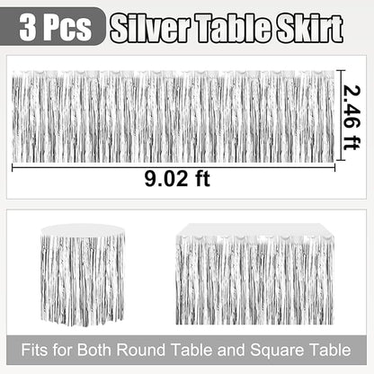 3 Pack 29 x108 Inch Silver Foil Fringe Table Skirts Metallic Banner for Tinsel Streamer Garland Backdrop for Parade Floats Wedding Thanksgiving Birthday Christmas Halloween New Year Party Decoration