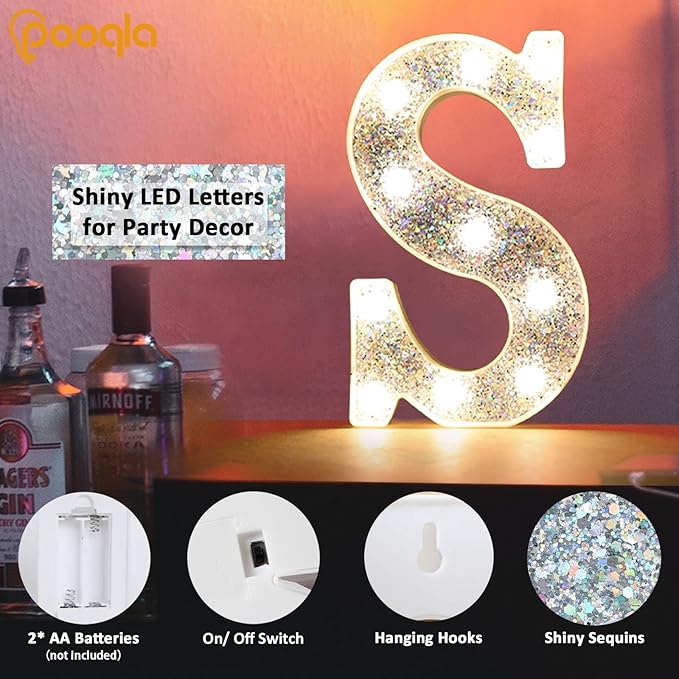 Pooqla Light Up Letters, LED Marquee Letters for Silver Birthday Decorations, Battery Powered Night Light Teenager Girl Room Decor, Gift for Girls Boys Wedding Bedroom Christmas Party Decor, Letter M
