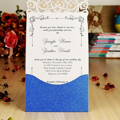 Hosmsua 50PCS Wedding Invitations Cards 5 x 7.3 Inch Laser Cut Hollow Rose Invitation with Rhinestone for Bridal Shower Engagement Quinceañera (Royal Blue Glitter)