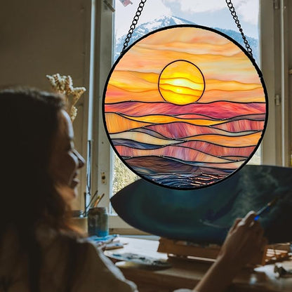 Stained Glass Window Hanging, Orange Sunrise Suncatcher Diamond Glass Panel Hangings Scenery Sun Catchers Decor for Birthday for Women, Men, Wife, Aunt, and Mom 7.8 in