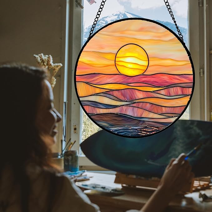Stained Glass Window Hanging, Orange Sunrise Suncatcher Diamond Glass Panel Hangings Scenery Sun Catchers Decor for Birthday for Women, Men, Wife, Aunt, and Mom 6.3x6.3 in