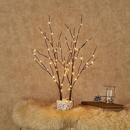 Hairui Twig Branches with Fairy LED Lights 18IN 70LED Battery Operated Lighted Brown Willow Branches for Home Witner Christmas Decoration Indoor Outdoor Use (Vase Excluded)