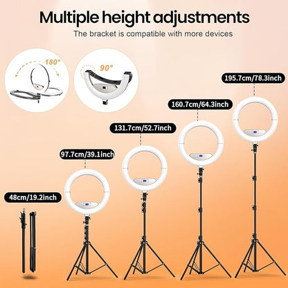 18" Foldable Ring Light with Stand for iPhone ipad, LED Display/2 USB Ports/4 Phone Tablet Holders, 2700-6500K Dimmable Ring Light for Tattoo Barber Makeup Studio Video Recording Photography