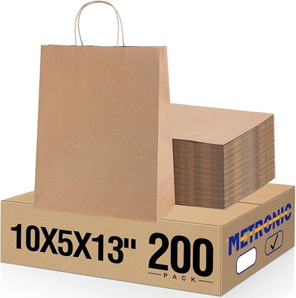 METRONIC Paper Gift Bags 10x5x13'' 200Pcs Brown Paper Bag with Handles Bulk, Kraft for Small Business, Birthday Wedding Party Favor Bags, Christmas, Retail shopping