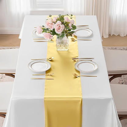 SHEJIZE 2 Pack Light Gold Satin Table Runner 12x108 Inches Long, Bright Silky Smooth Satin Table Runner Table Decor for Wedding Banquet Christmas Prom Event Birthday Party