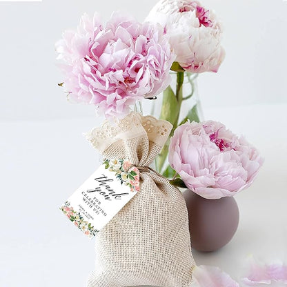Andaz Press 100-Pack Personalized Thank You for Celebrating with Us Wedding Favor Tags with Bakers Twine Peach Coral Floral Garden Custom Cardstock Wedding Gift Tags for Party Favors 2 x 3.75-Inches