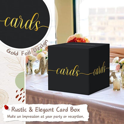QIKSION Black Card Box for Party, Gold Foil Gift Card Box for Graduation, Wedding Reception, Birthday, Baby Shower, Raffle