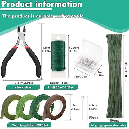 Floral Tape and Wire, Green Floral Tape, Arrangement Tools Kit with Wire Cutter, 22 Guage Paddle Wire 26 Gauge Flower Wire Set, Boutonniere Pin for Bouquets, Crafts, Wrap Florist