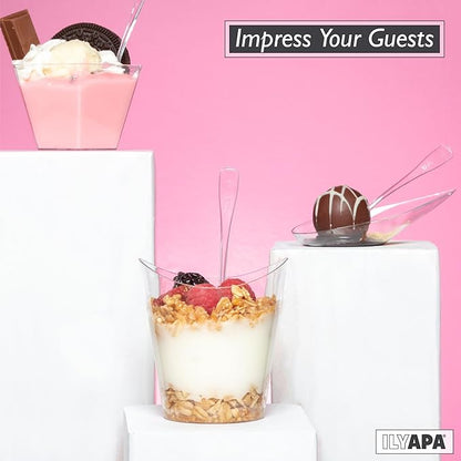 Ilyapa 4oz Plastic Dessert Cups - 100 Pack Mini Dessert Cups with Spoons - Clear Reusable Small Appetizer Cup for Cheesecake Shooters, Chocolate Mousse, Parfait - Party and Catering Supplies - Round