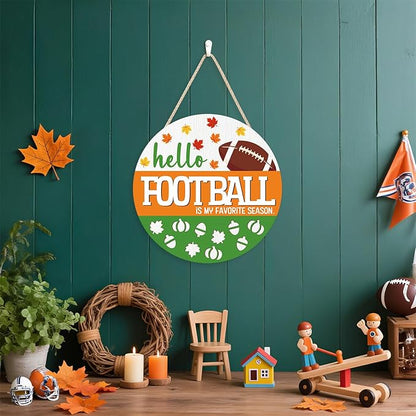 CHDITB Hello Football is My Favorite Season Front Door Sign Wreath(12"x12"), Wooden 3D Fall Decoration Wall Hanging, Farmhouse Rugby Autumn Harvest Maple Leaves Decor Hanger for Front Porch Outdoor