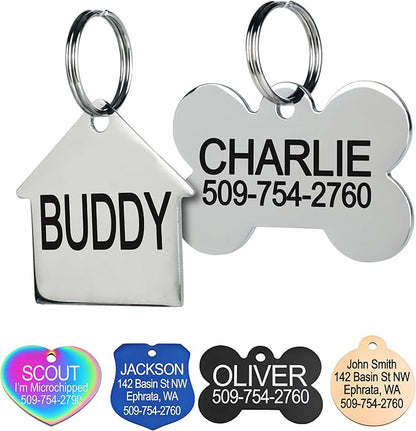 GoTags Stainless Steel Pet ID Tags, Personalized Dog Tags and Cat Tags, up to 8 Lines of Custom Text, Engraved on Both Sides, in Bone, Round, Heart, Bowtie and More (House, Regular (Pack of 1))