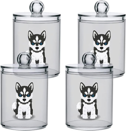 2 Pack Qtip Dispenser Apothecary Jars Dog Bathroom Organizer, Siberian Husky Puppy Qtip Holder Storage Canister Plastic Acrylic Jar for Cotton Ball/Swab/Rounds
