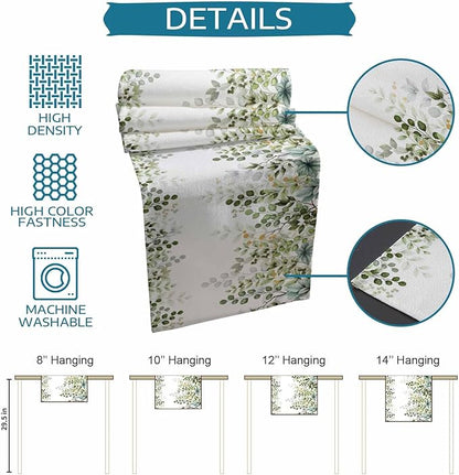 Sage Green Eucalyptus Cotton Linen Table Runner for Dining Kitchen, Farmhouse Leaves Wedding Outdoor Party Tablerunners Decoration Botanical Floral Dresser Scarf Coffee Tablecloth Runners 13x90 Inches