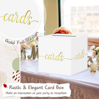 QIKSION White Wedding Card Box, Gold Foil Gift Card Box for Party, Wedding Reception, Birthday, Graduation, Baby Shower, Raffle