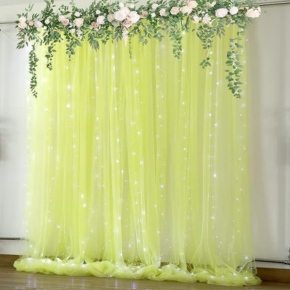 Yellow Sheer Tulle Backdrop Curtains with Lights String for Birthday Party Photoshoot 2 Panels 5×10ft Yellow Backdrop Curtains for Baby Shower Wedding Background Decorations