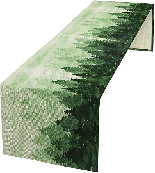 Foggy Forest Table Runner,Watercolor Wreen Misty Forest Landscape Table Runner for Kitchen Dining Table Home Party Decoration 13x90 Inch