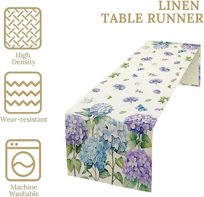 Spring Hydrangea Flower Table Runner, Seasonal Summer Plants Watercolor Florals Butterfly Dinner Runner for Home Kitchen Dining Table Party Holiday Decoration 13"x108"