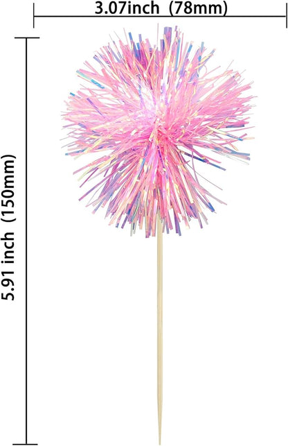 Ephlyn 30Pcs Foil Firework Cupcake Toppers Sparkle Tinsel Cupcake Picks Happy Birthday Cake Toppers Drink Cocktail Food Fruit Toothpicks for Baby Shower Birthday Party Supplies Pink