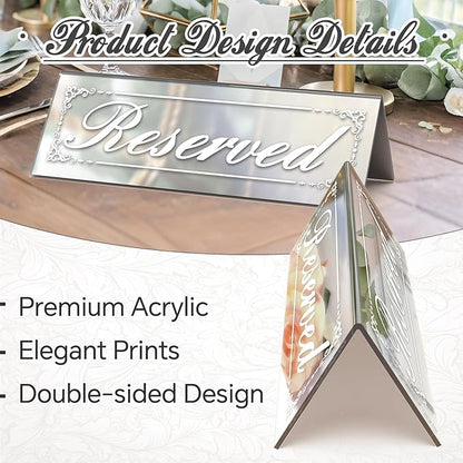 12 Pcs 6" x 2" Silver Reserved Table Signs, Mirrored Double Sided Table Tent Signs with Suede Cloth, Reservation Seat Indicators for Wedding Restaurant Party