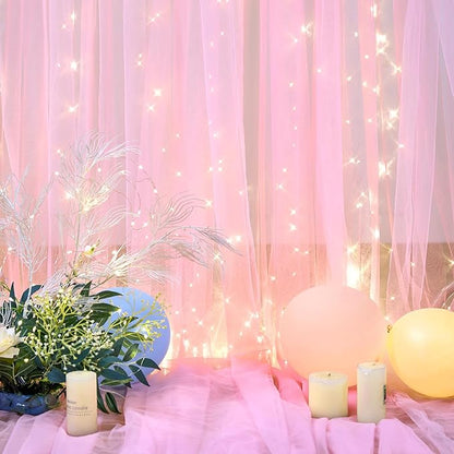 Pink Tulle Backdrop Curtains with Lights String for Parites 10ft×8ft Wrinkle Free Pink Sheer Sparkle Backdrop Curtains for Baby Shower Girls Bridal Shower Birthday Party Photo Shoot Decorations