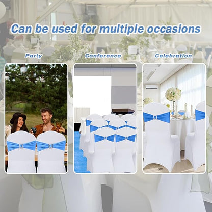 Joccun 120 PCS Spandex Chair Sashes Bows Stretch Chair Cover Band with Buckle Slider Universal Elastic Chair Ties for Wedding Banquet Party Event Decoration (Royal Blue)
