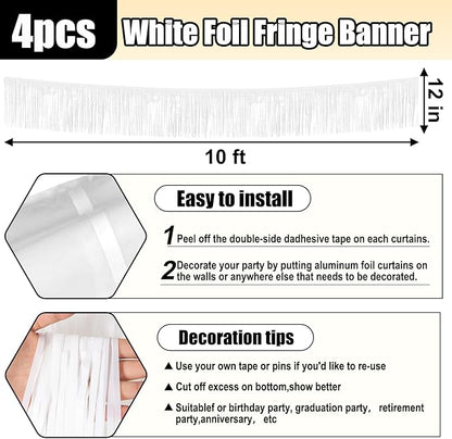 4 Pack 10 Feet White Foil Fringe Garland Metallic Tinsel Streamers Banner Wall Hanging Curtain Backdrop for Parade Floats, Wedding, Graduate, Mother's Day, Birthday Party Decoration