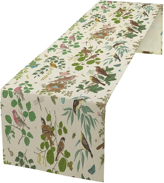 Vintage Bird Flower Table Runner Seasonal Spring Summer Garden Plants Farmhouse Country Kitchen Dining Table Decoration for Home Party Holiday 13"x36"