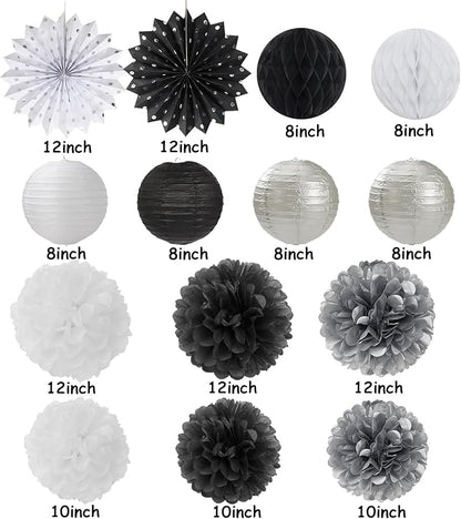 Black-White Silver Party-Decorations Paper-Lanterns - 14pcs New Years Streamers Fan,Tissue Pom Poms,Graduation Men Boys Birthday Wedding Baby Bridal Shower Decor Lasting Surprise