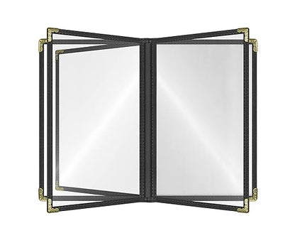 Goodsmart Restaurant Menu Covers – 25 Pack Black 10-View 8.5" x 14" Cafe Menu Holders, Side-Loading Vinyl Covers with Clear Sleeves, Plastic & Leather-Style Menu Covers with Gold Corners