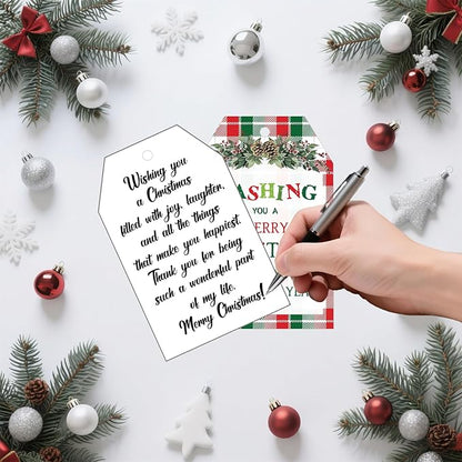 60Pcs Merry Christmas Tags with String, 3.3x2.1 Inch Buffalo Plaid Holiday Gift Tags, Xmas Happy New Year Tag with Holly for Winter Party Candy Bag Envelope Presents Gift Favor