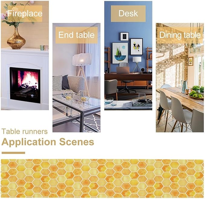 Honeycomb Bee Table Runner, Cute Abstract Geometric Yellow Honeycombs Print Table Cover for Kitchen Dining Table Indoor Outdoor Party Decor, 13x60inch