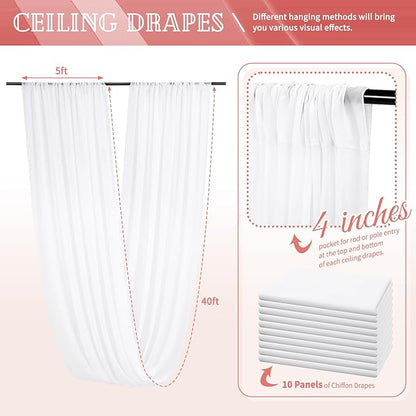 10 Panels White Ceiling Drapes for Wedding 5ftx40ft Sheer Drapery Chiffon Fabric Arch Draping Curtains for Party Ceremony Birthday Baby Shower Reception Stage Ceiling Decorations