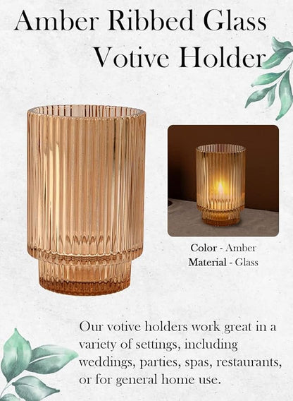 Serene Spaces Living Amber Ribbed Glass Votive Holder, Decorative Centerpiece for Wedding, Christmas, Thanksgiving, Living Room, Home Décor, Measures 3.25" Diameter and 5" Tall, Set of 24