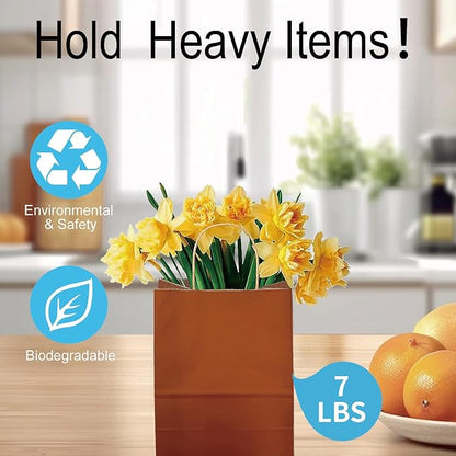 BAG BOX 50 Pack Small 5.9x3.1x8.25 Inch Orange Kraft Paper Gift Bags with Handles for Bulk Shopping, Retail, Craft, Party Favors, Wedding, Grocery & Sacks