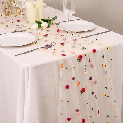 Champagne Floral Table Runner 10 FT, Embroidery Daisy Table Runners Seasonal Sheer Tulle Table Runner for Thanksgiving Wedding Birthday Baby Shower Party ﻿