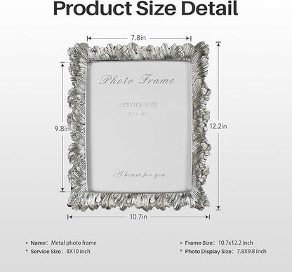 Cuspin 8x10 Picture Frame Silver, Vintage Silver Palm Leaves Textured Hand-Crafted Resin with Glass Front, Elegant Retro Design Photo Frame for Wall and Tabletop Display Home Decor