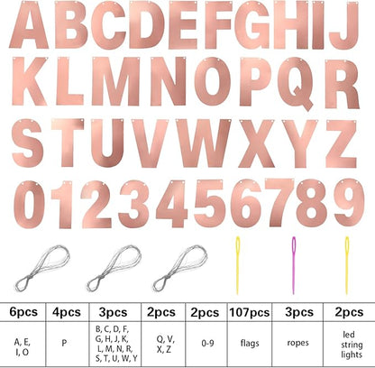 TaoBary 112 Pcs DIY Letter Kit Glitter Customizable Banner Letters Include 107 Letters and Numbers 3 Rope and 2 Needles for Birthday Halloween Christmas Wedding Valentine Party Decor(Bright Rose Gold)