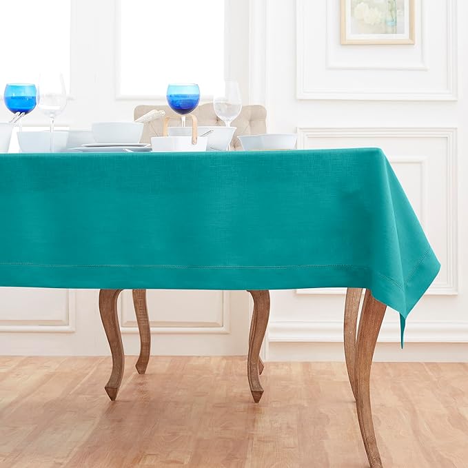 Solino Home Linen Tablecloth 60 x 144 Inch - Classic Hemstitch 100% Pure Linen Teal Table Cloth for Rectangle Tables - Machine Washable Tablecloth for Fall, Autumn