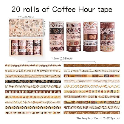 20 Rolls Coffee Theme Washi Tape Set, Writable Decorative Tapes for Scrapbooking, Bible Journaling, Bullet Journaling, 0.6"x79" per Roll