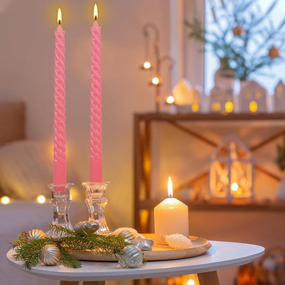 12-Pack Pink Spiral Taper Candles – 10 Inch Elegant Dripless & 10-Hour Burn – Long-Lasting Decorative Candles for Weddings, Birthdays, Parties, Church, Home Decor & Romantic Dinners