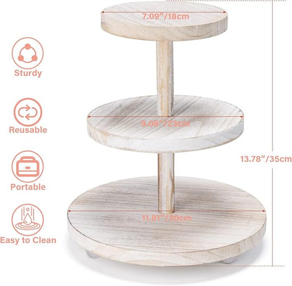 3 Tier Cupcake Stand Round,Wood Cake Stand with Tiered Tray Decor,Rustic Cake Stand for 24 Cupcakes,Cupcake Display for Home Tea Party, Birthday, Wedding, Farmhouse Decor