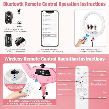 Ring Light with Stand 22inch Kit: Professional Ring Light Overhead Tripod for iPhone ipad, LCD Display/2 USB Ports for Makeup Barber Tattoo Lash Extension Video Photography Lighting (Pink)