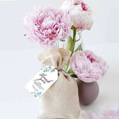 Andaz Press 100-Pack Personalized Thank You for Celebrating with Us Wedding Favor Tags with Bakers Twine Silver Dollar Eucalyptus Custom Cardstock Wedding Gift Tags for Party Favors 2 x 3.75-Inches