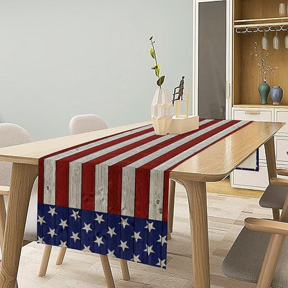 American Flag Table Runner, 4th of July USA Rustic Vintage Wooden Blue Red Stars Stripes Print Table Runner for Farmhouse Kitchen Dining Table Decor, 13x60inch