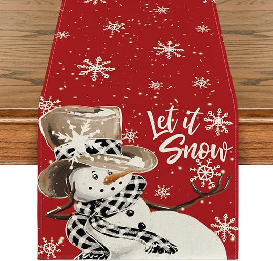 Artoid Mode Red Snowman Snowflake Let it Snow Winter Table Runner, Seasonal Christmas Kitchen Dining Table Decoration for Home Party Decor 13x90 Inch