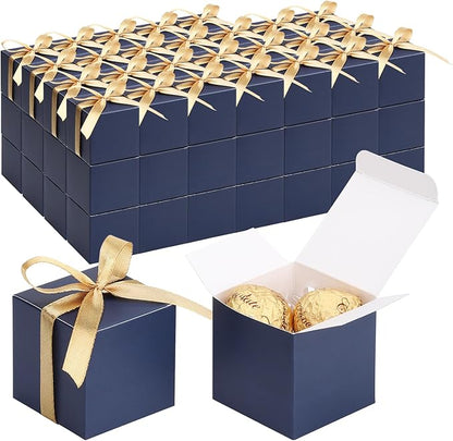 EUSOAR Favor Boxes, 120pcs 2x2x2 Inches Royal Blue Small Treat Boxes Mini Cookies Container with Gold Ribbon, Paper Cube Macaron Candy Box Soap Storage for Wedding Birthday Party DIY Supplies