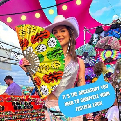 Kandies World UV Reactive Custom Festival Folding Hand Fan - Unique Designs, Made of Bamboo, Clacking Sound, Lightweight - Perfect Rave and Festival Accessory!